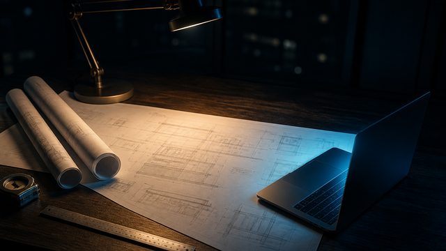 A contractor's estimating desk at night: an unrolled drawing, scale rule and tape measure under a desk lamp.