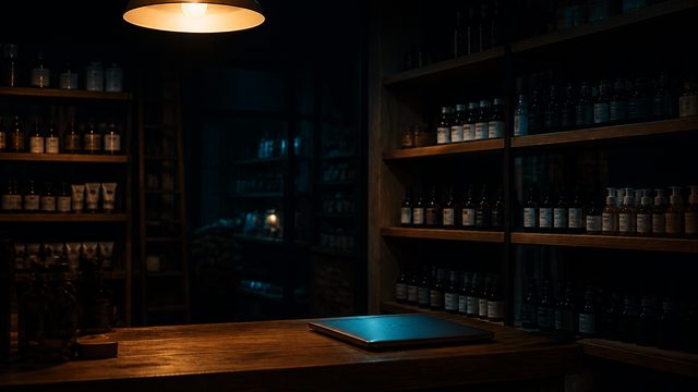 A small independent shop interior after closing, stocked shelves lit by a single pendant lamp.