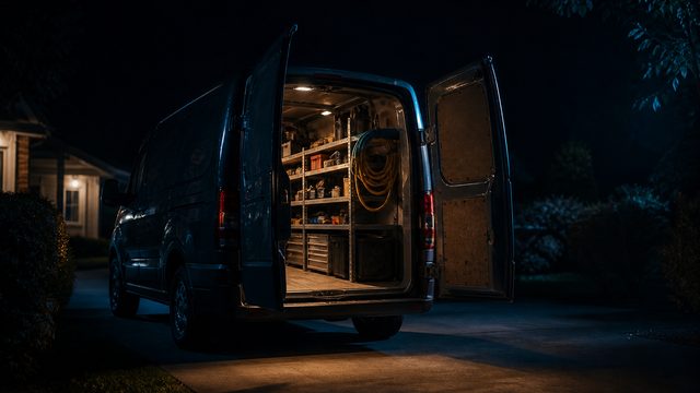 A tradesperson's service van parked on a driveway at dusk, rear doors open on its tool shelving.